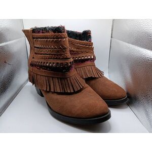 Mudd Boots Womens 11 F Ankle Booties Brown Leather Woven Braided Studded Fringe